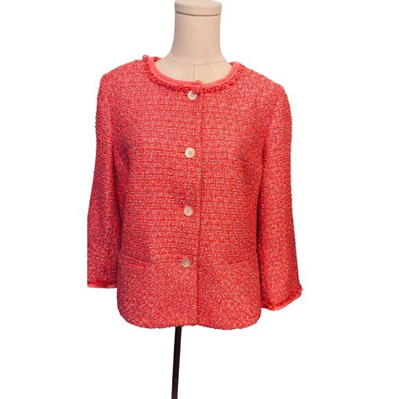 Talbots 14P Petites Tweed Pink/Coral/Red Button Front Jacket Polyester Acrylic - Picture 6 of 16